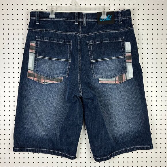 Wckd Other - Wckd y2K Baggy Jean Shorts Size 42 Wide Leg Embroidered Blue Jorts 16" Inseam